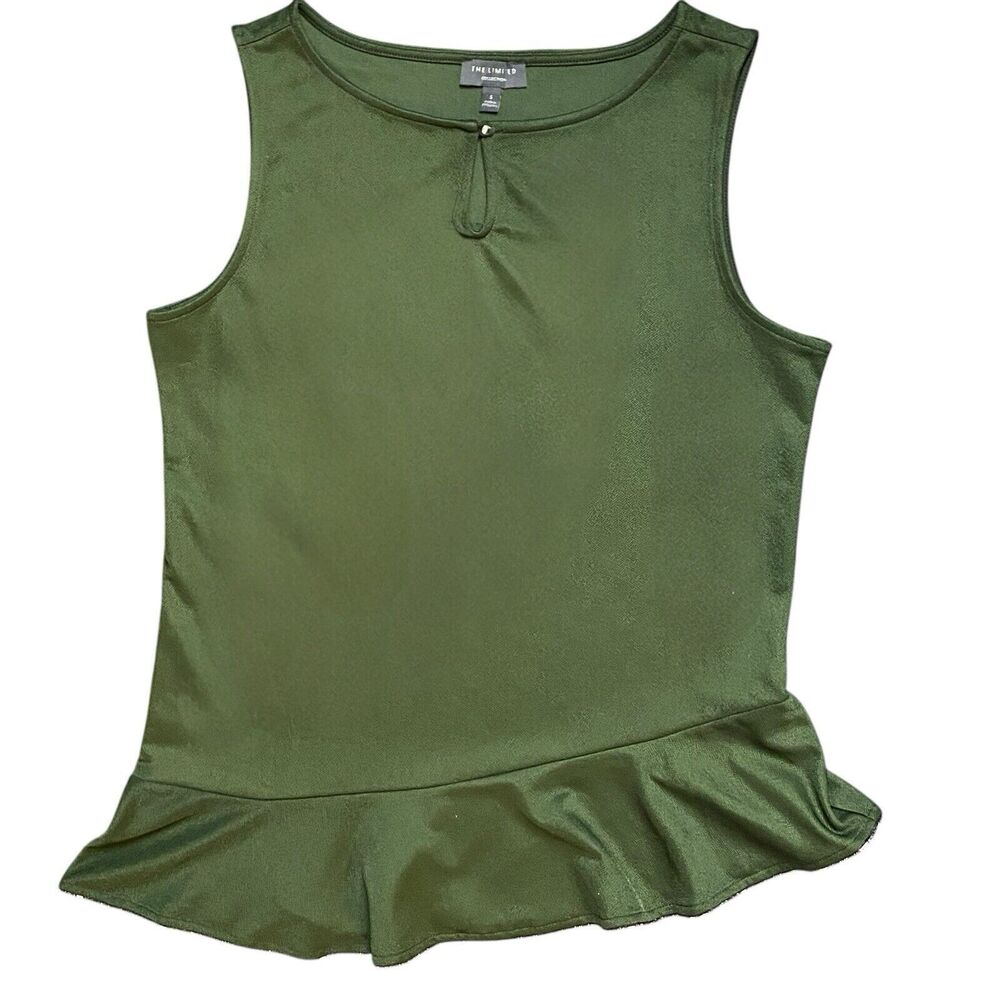 The Limited Keyhole Front Asymmetrical Beaded Trim Peplum Green Sleeveless Top S